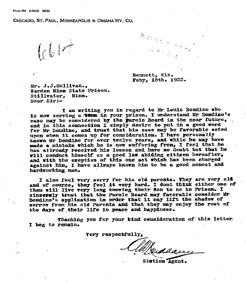 Louis Dondino. Case No. 6614. Letter from A. W. [illegible] to J. J. Sullivan, February 18, 1922.