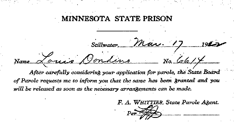 Louis Dondino. Case No. 6614. Parole Notice, March 17, 1922.