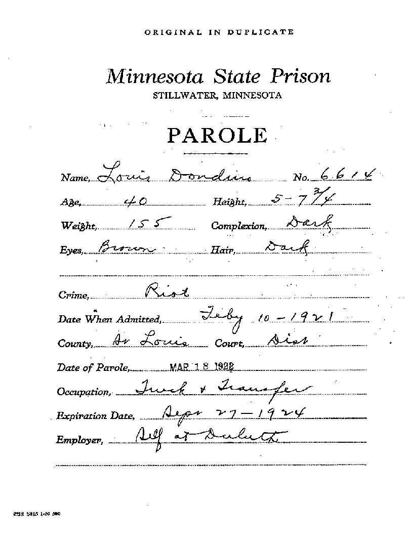 Louis Dondino. Case No. 6614. Parole Agreement, March 18, 1922.--Gov&#039;t Record(s)--Parole Agreement (gif)