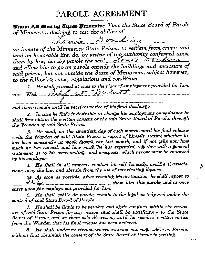 Louis Dondino. Case No. 6614. Parole Agreement, March 18, 1922.--Gov&#039;t Record(s)--Parole Agreement (gif)
