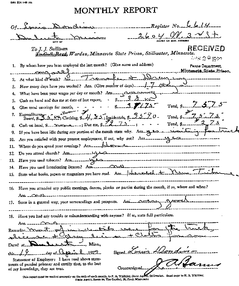Louis Dondino. Case No. 6614. Monthly Parole Report. April 19, 1922.
