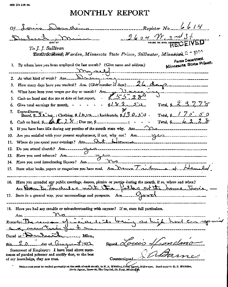 Louis Dondino. Case No. 6614. Monthly Parole Report. August 20, 1922.