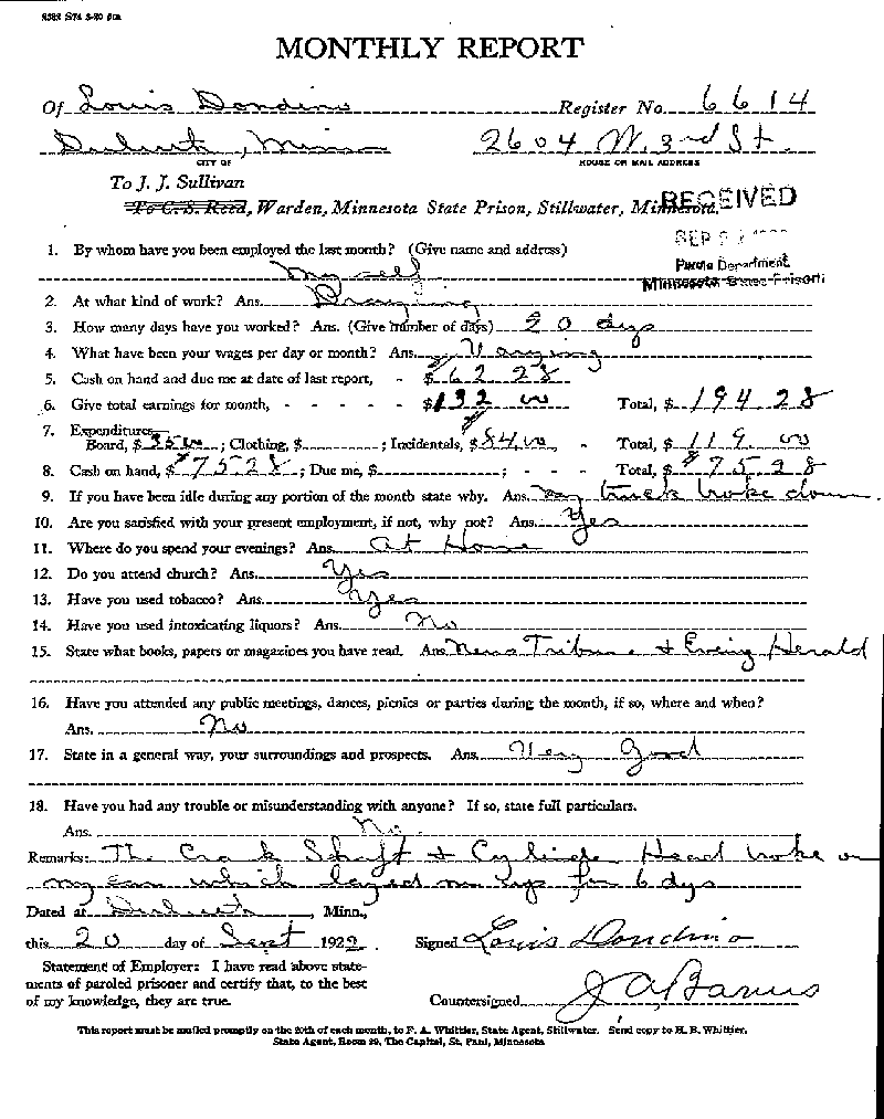 Louis Dondino. Case No. 6614. Monthly Parole Report. September 20, 1922.