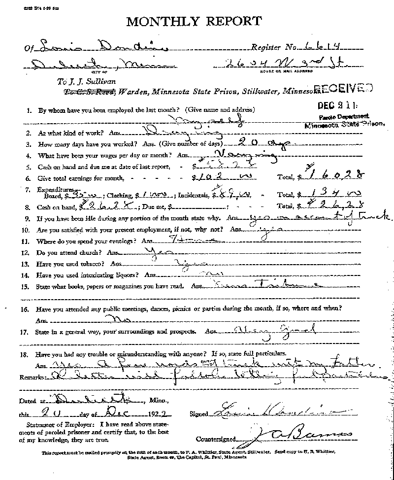Louis Dondino. Case No. 6614. Monthly Parole Report. December 20, 1922. --Gov't  Record(s)--Monthly Parole Report (gif)