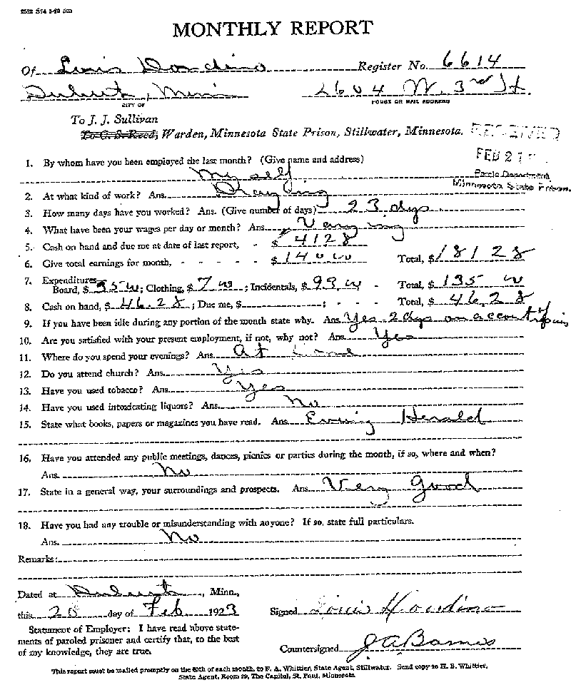 Louis Dondino. Case No. 6614. Monthly Parole Report. February 20, 1923. --Gov't  Record(s)--Monthly Parole Report (gif)