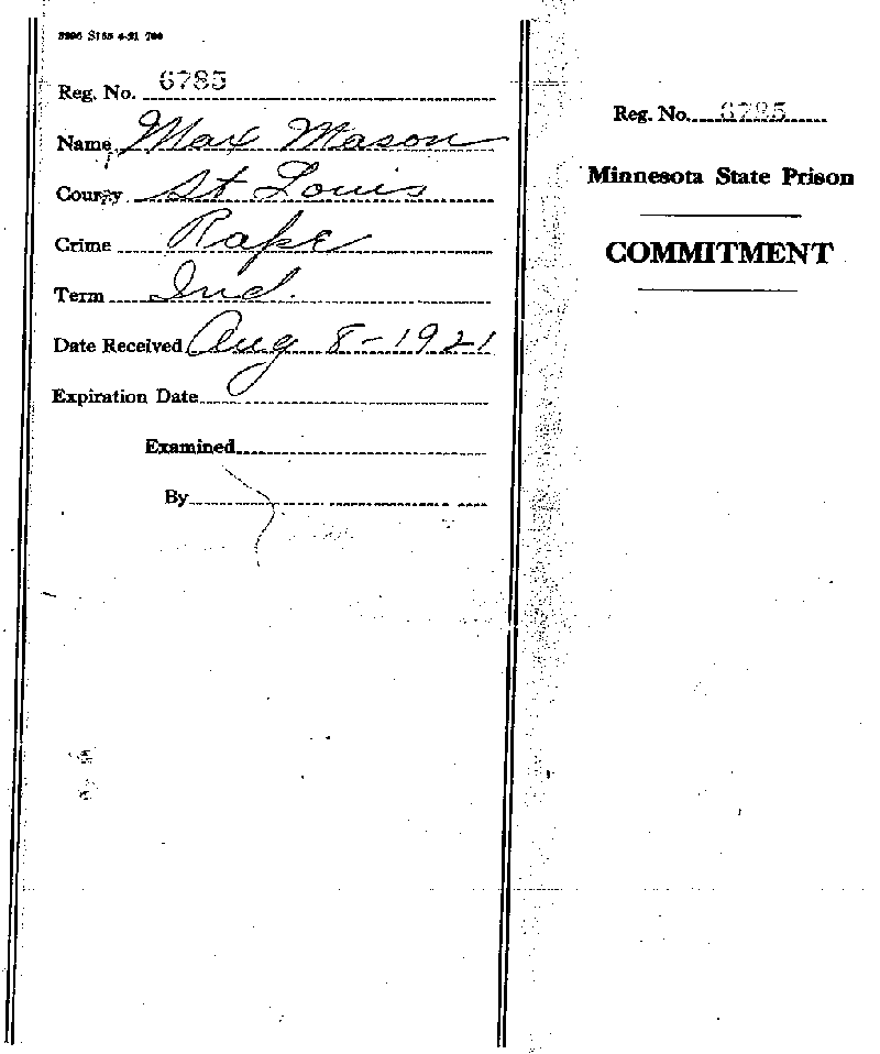 Max Mason. Case No. 6785. Warrant of Commitment. August 1921.--Gov&#039;t Record(s)--Warrant of Commitment (gif)