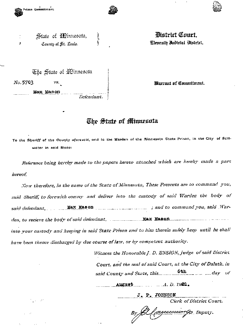 Max Mason. Case No. 6785. Warrant of Commitment. August 1921.--Gov&#039;t Record(s)--Warrant of Commitment (gif)