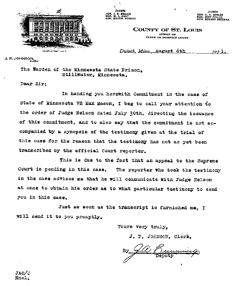 Max Mason. Case No. 6785. Warrant of Commitment. August 1921.--Gov&#039;t Record(s)--Warrant of Commitment (gif)