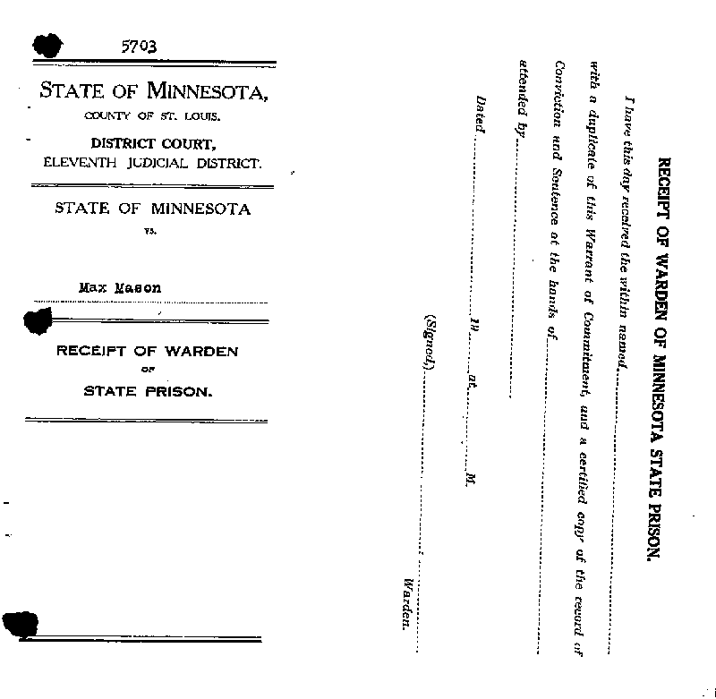 Max Mason. Case No. 6785. Receipt of Superintendent. August 1921.