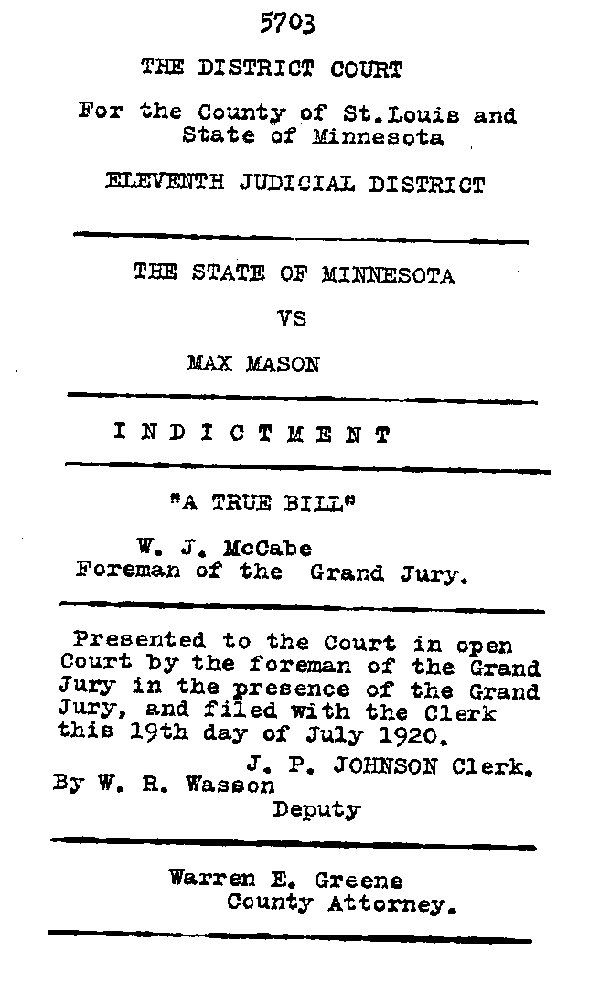 Max Mason. Case No. 6785. Case Indictment Record. August 1921.--Gov&#039;t Record(s)--Indictment Record (gif)
