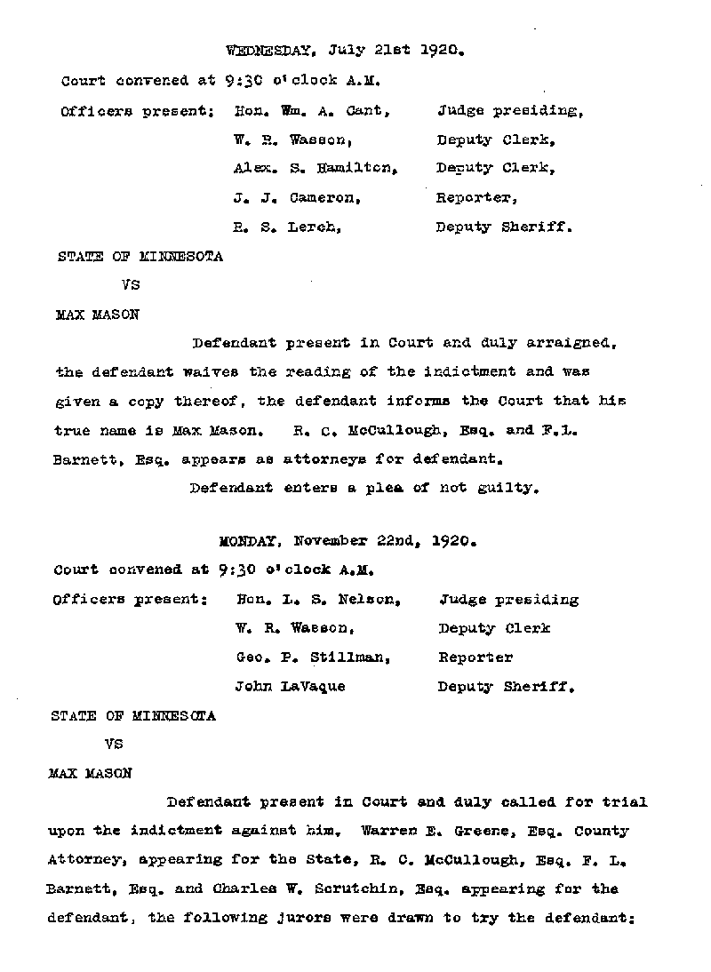 Max Mason. Case No. 6785. Minute Record. August 1921.--Gov't Record(s)--Minute Record (gif)