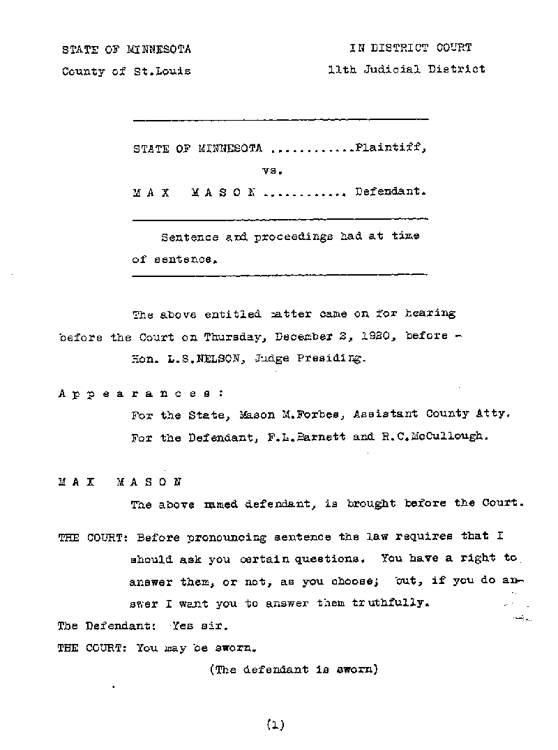 Max Mason. Case No. 6785. Sentence Record. August 1921.--Gov&#039;t Record(s)--Sentence Record (gif)