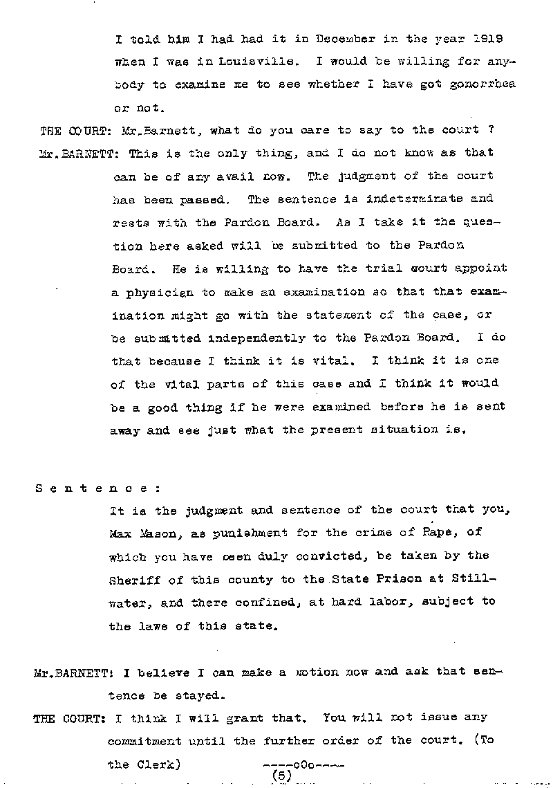 Max Mason. Case No. 6785. Sentence Record. August 1921.--Gov&#039;t Record(s)--Sentence Record (gif)