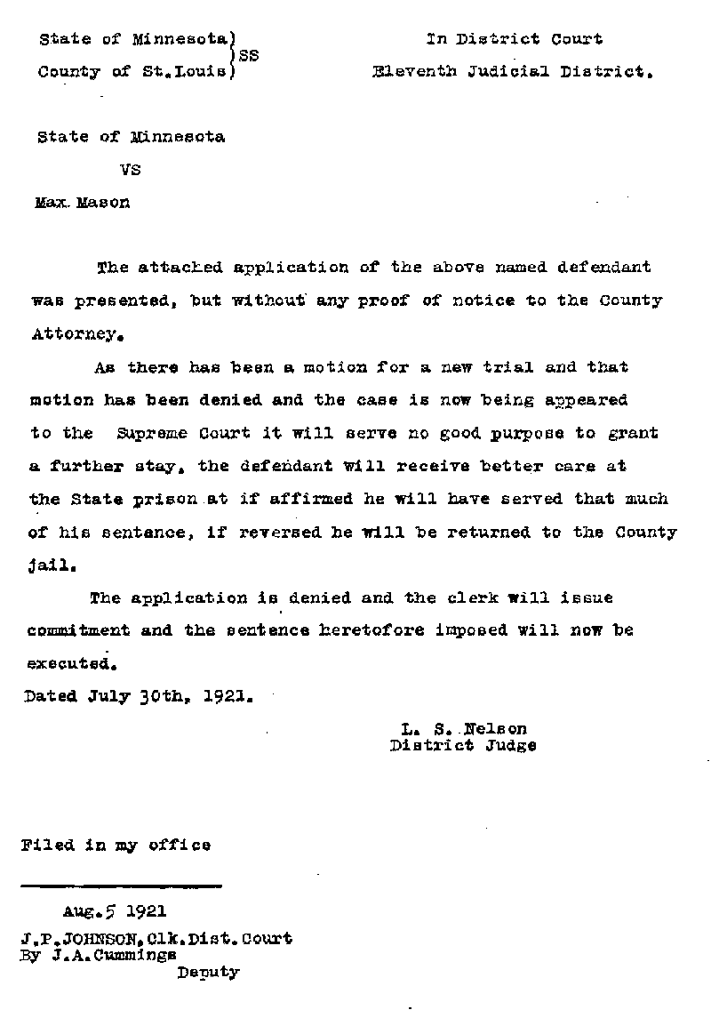 Max Mason. Case No. 6785. Order for Issuance of Commitment. August 1921.