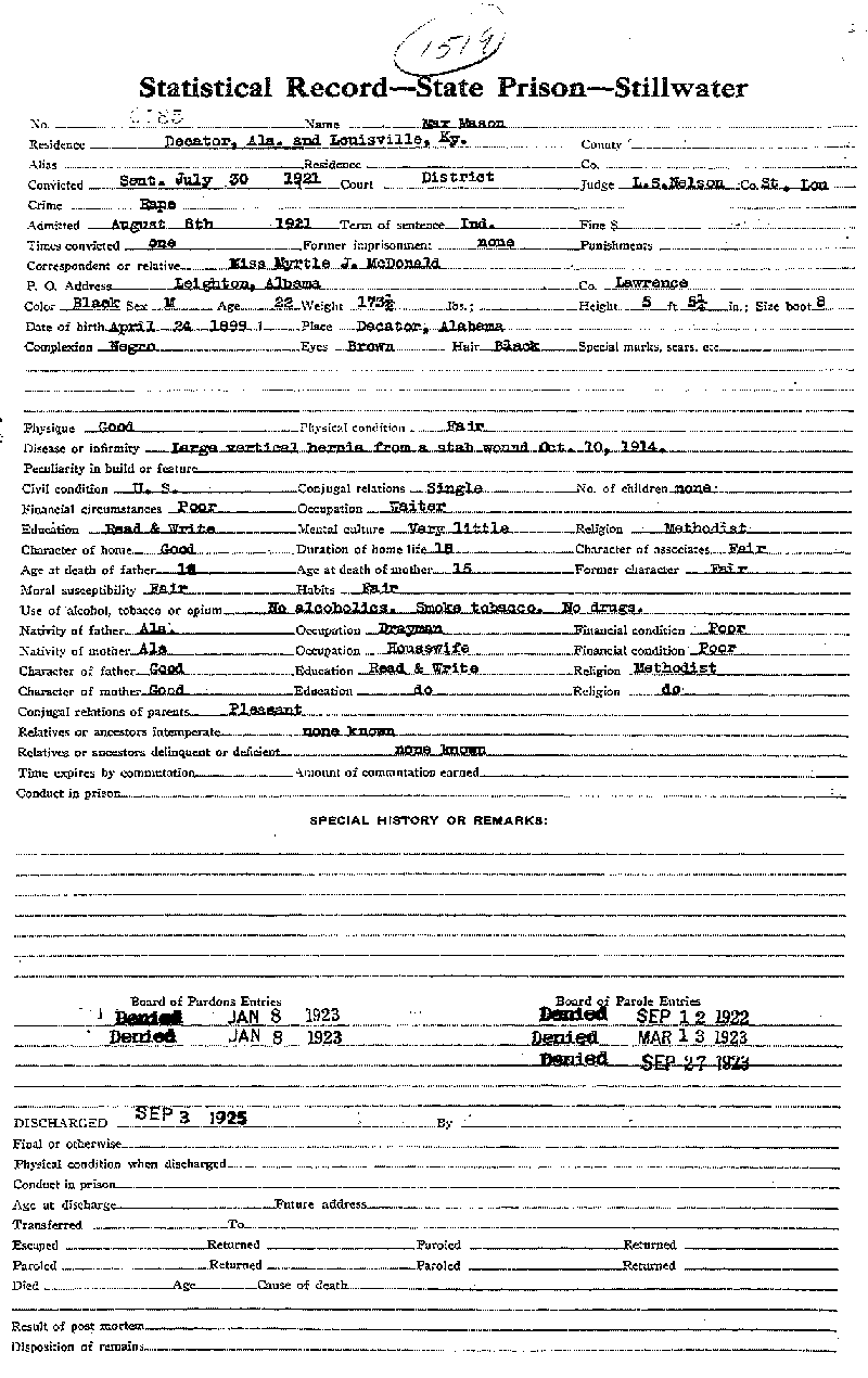 Max Mason. Case No. 6785. Stillwater State Prison.