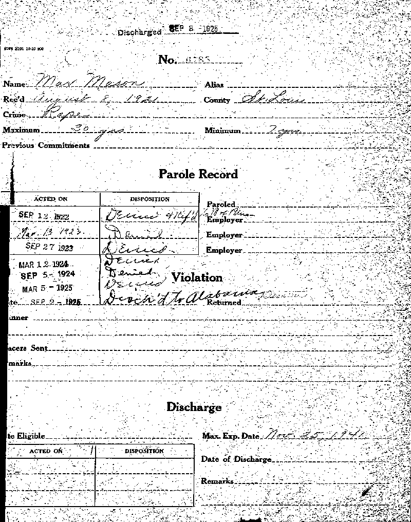 Max Mason. Case No. 6785. Parole Record.