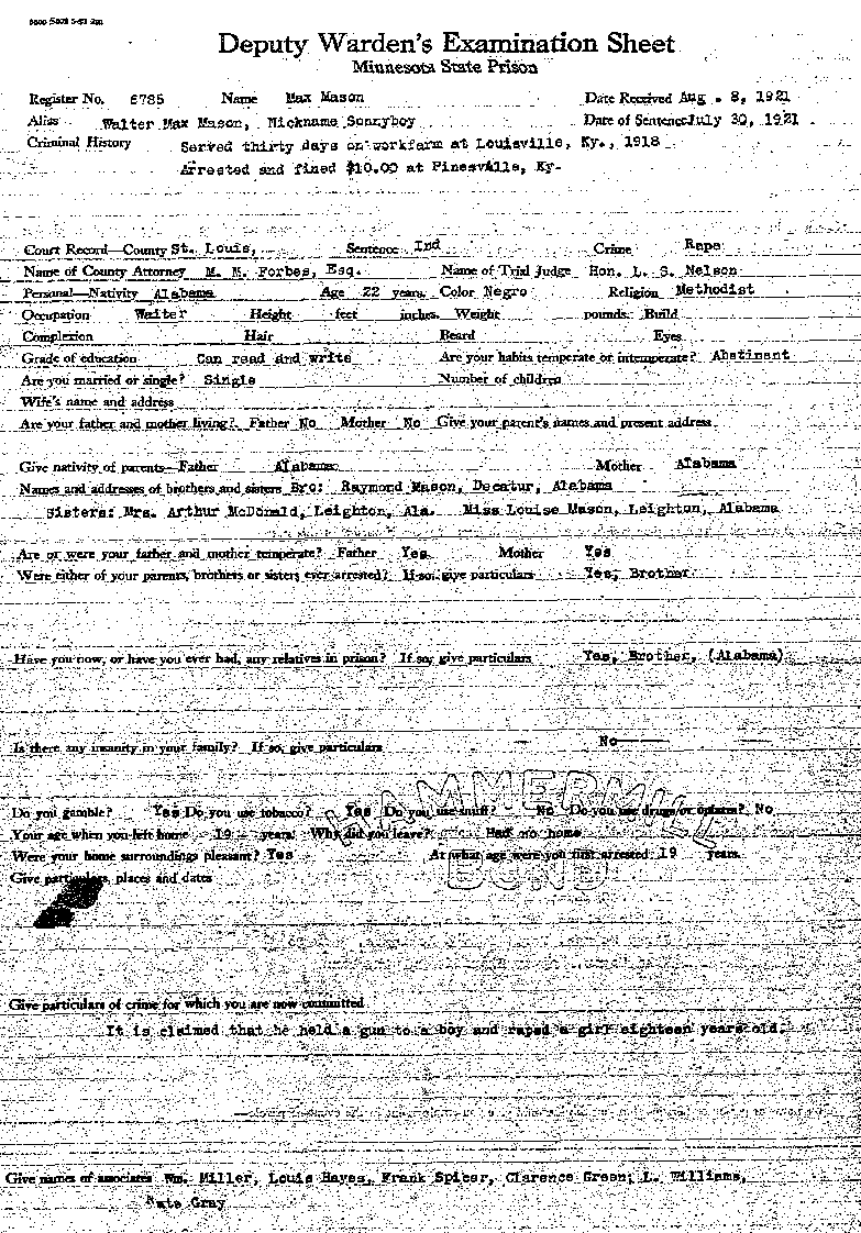 Max Mason. Case No. 6785. Deputy Warden&#039;s Examination Sheet.--Gov&#039;t Record(s)--Deputy Warden&#039;s Examination Sheet (gif)