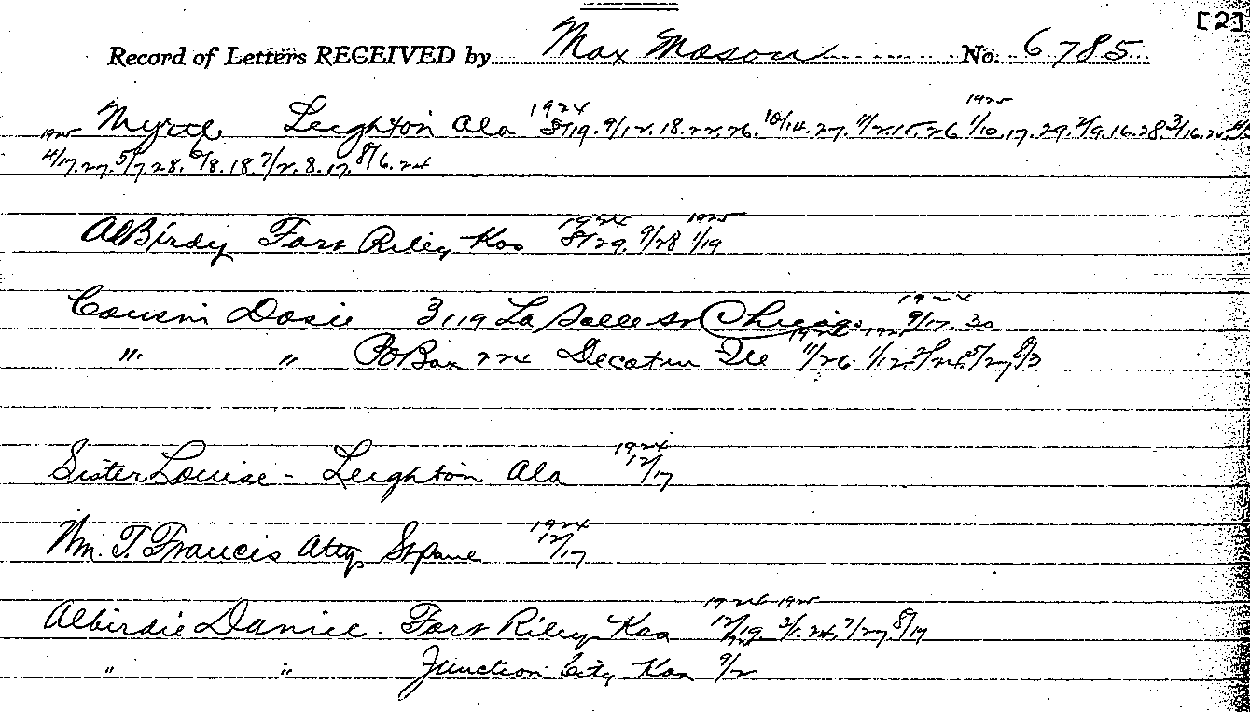 Max Mason. Case No. 6785. Record of Letters Received and Written. --Gov&#039;t Record(s)--Record of Letters Received and Written (gif)