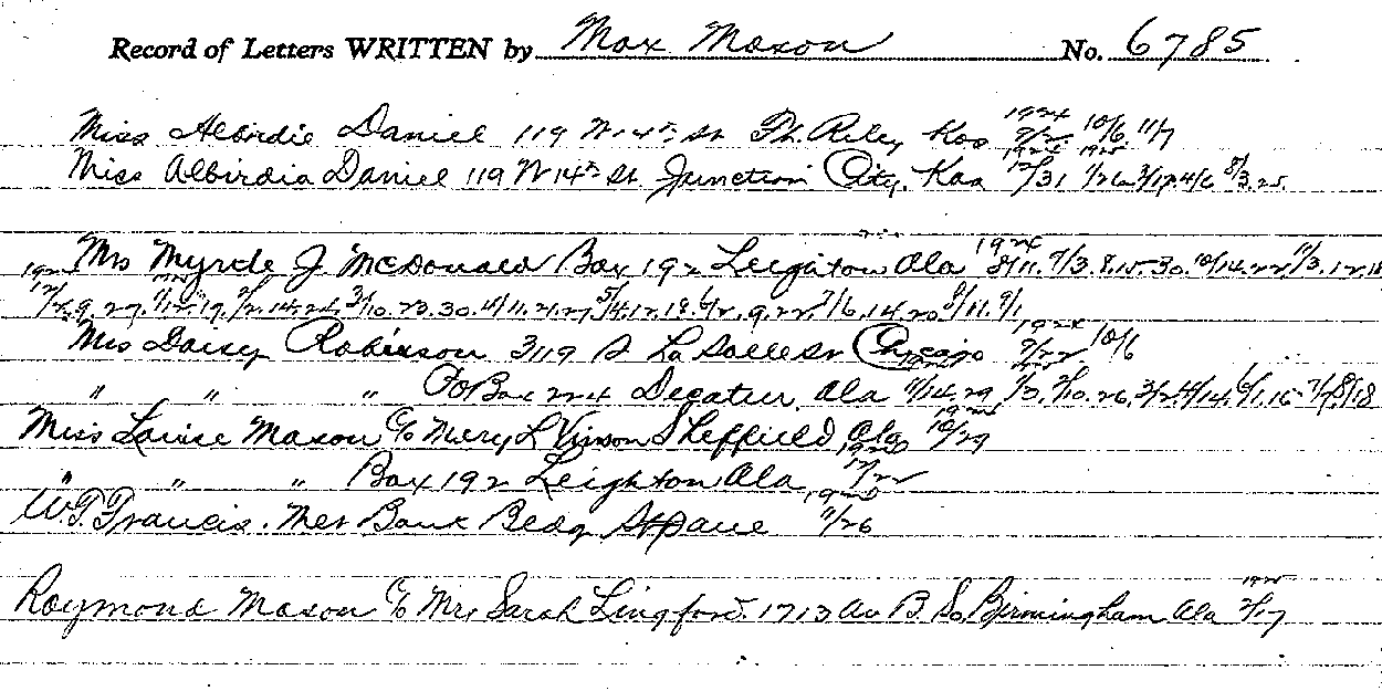 Max Mason. Case No. 6785. Record of Letters Received and Written. --Gov&#039;t Record(s)--Record of Letters Received and Written (gif)