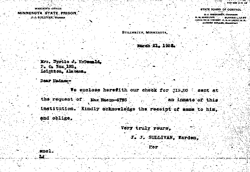 Max Mason. Case No. 6785. Letter from J. J. Sullivan to Myrtle J. McDonald, March 21, 1922.