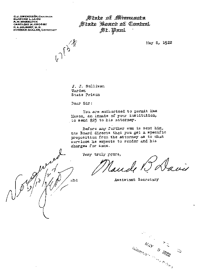 Max Mason. Case No. 6785. Letter from Maude B. Davis to J. J. Sullivan, May 8, 1922.