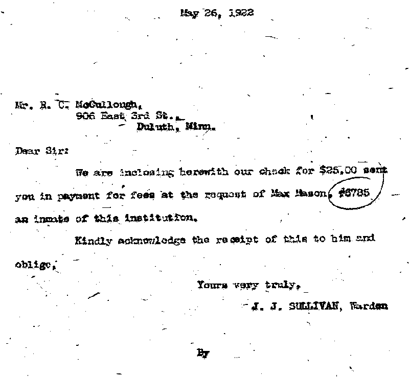 Max Mason. Case No. 6785. Letter from J. J. Sullivan to R. C. McCullough, May 25, 1922.