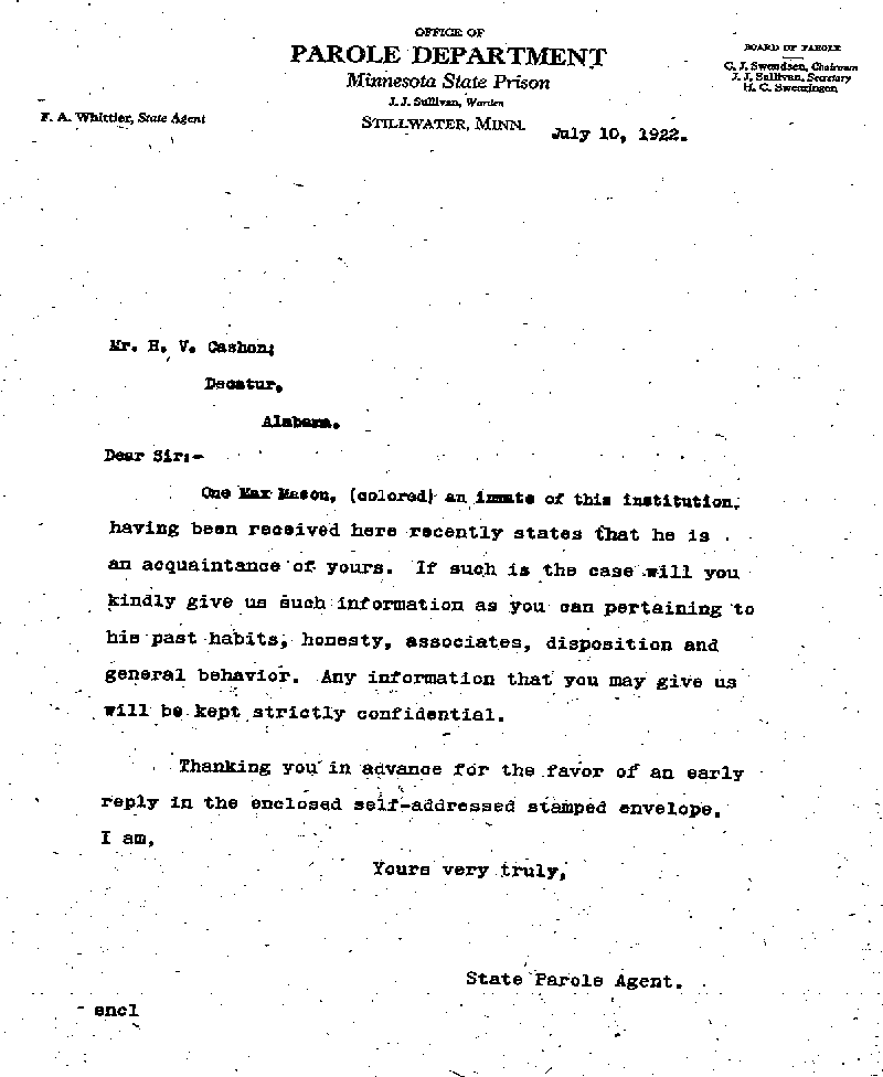Max Mason. Case No. 6785. Letter from Frank A. Whittier to H. V. Cashin, July 10, 1922.