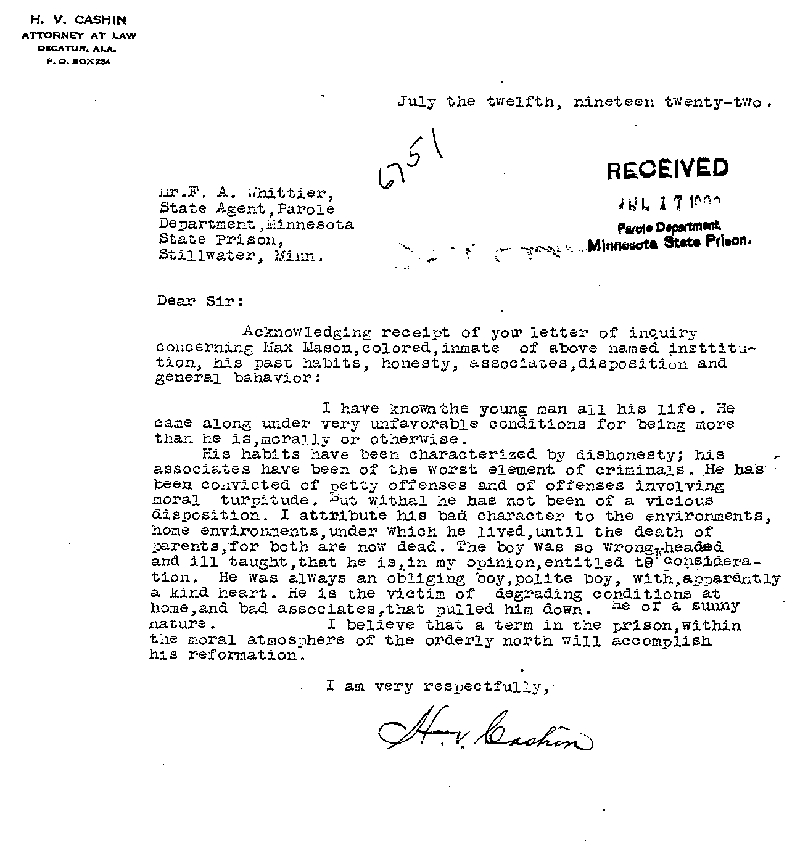 Max Mason. Case No. 6785. Letter from H. V. Cashin to Frank A. Whittier, July 12, 1922.