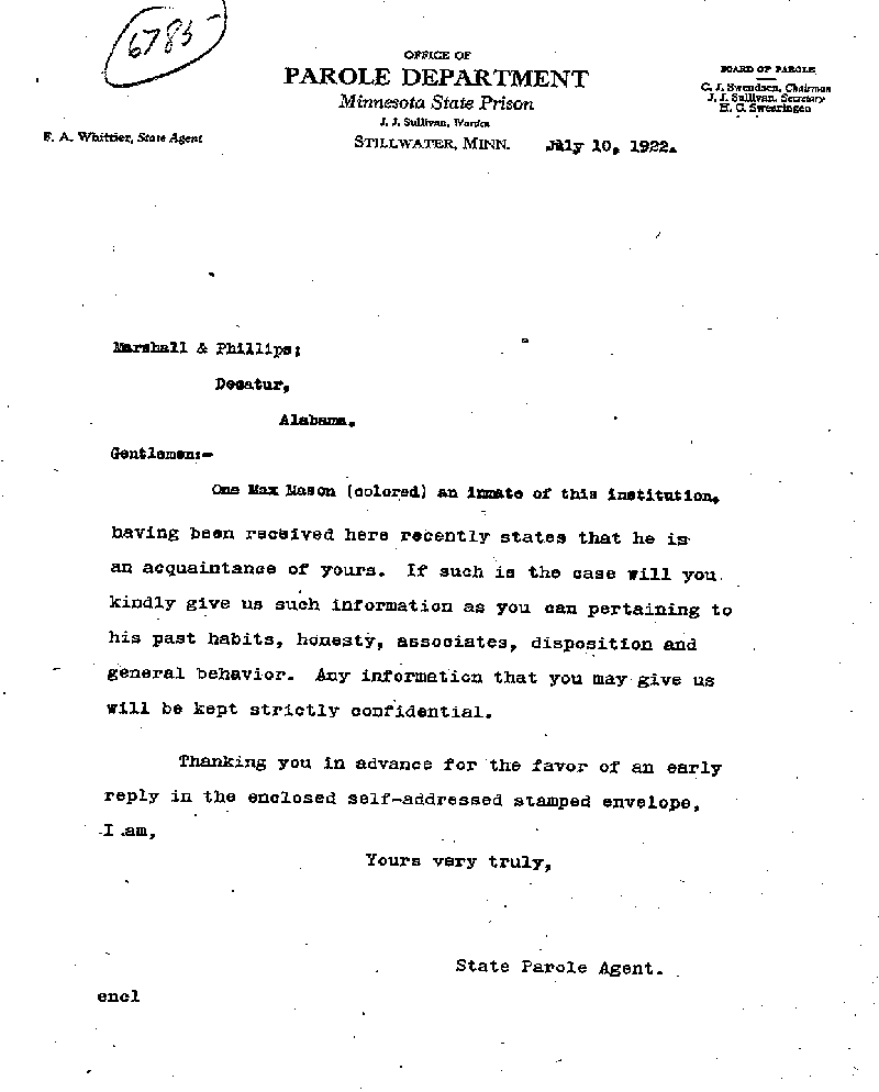 Max Mason. Case No. 6785. Letter from Frank A. Whittier to Marshall & Phillips, July 10, 1922.