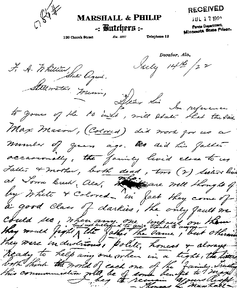 Max Mason. Case No. 6785. Letter from Thomas L. Marshall to Frank A. Whittier, July 14, 1922.