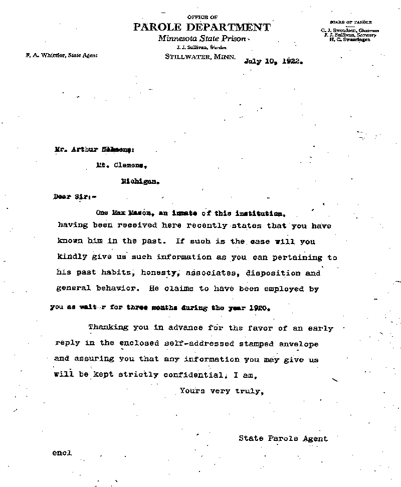Max Mason. Case No. 6785. Letter from Frank A. Whittier to Arthur Nelson, July 10, 1922.