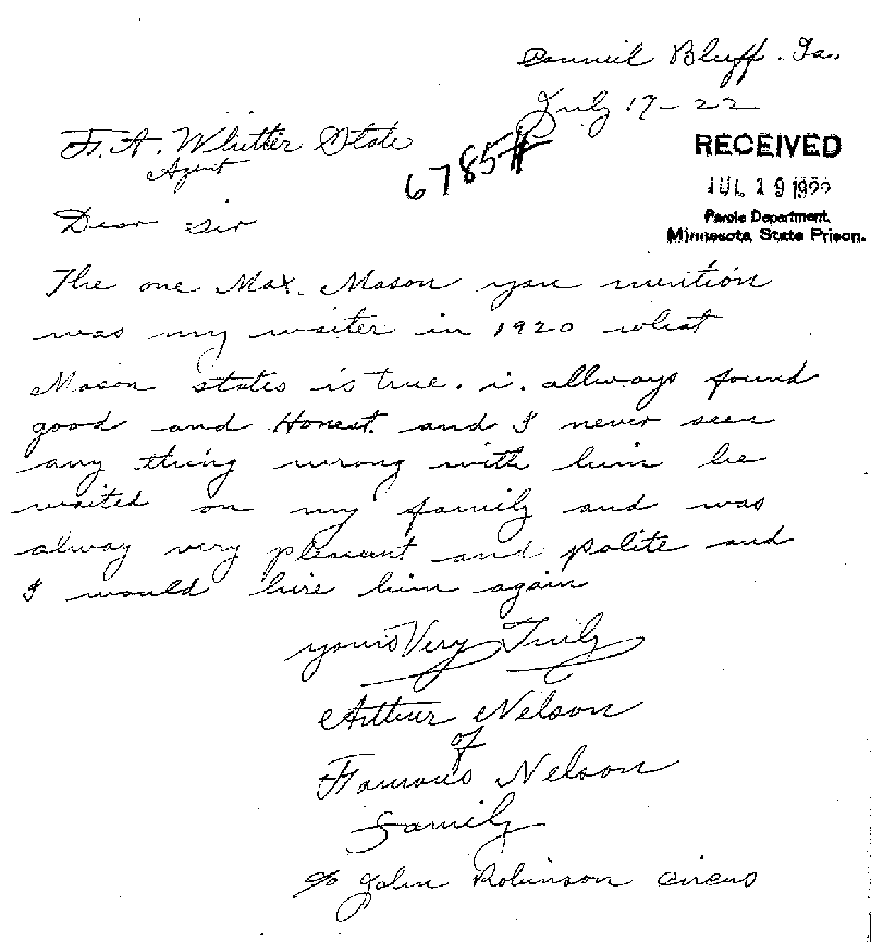 Max Mason. Case No. 6785. Letter from Arthur Nelson to Frank A. Whittier, July 17, 1922.