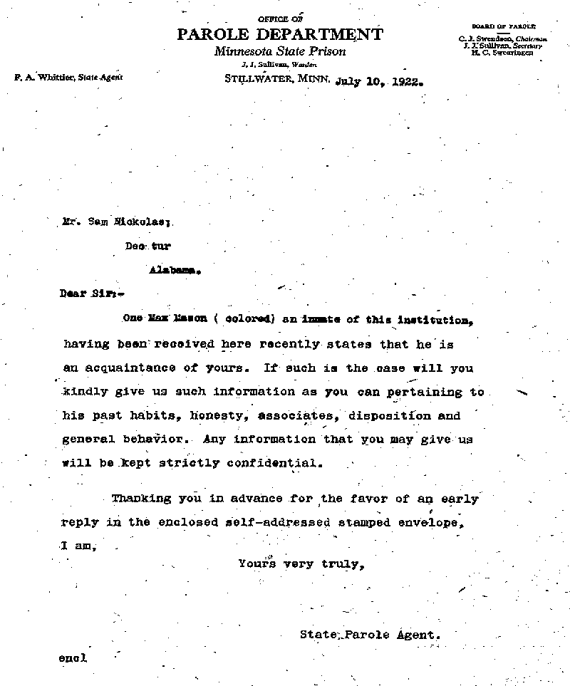 Max Mason. Case No. 6785. Letter from Frank A. Whittier to Sam Nichols, July 10, 1922.