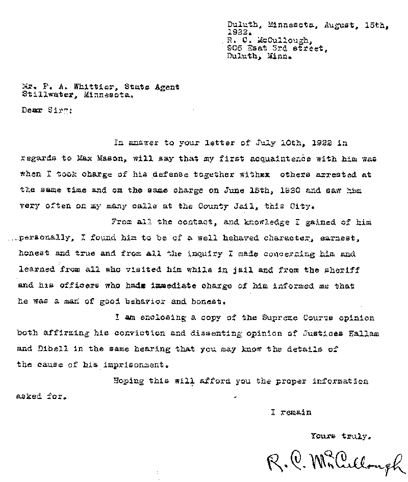 Max Mason. Case No. 6785. Letter from R. C. McCullough to Frank A. Whittier, August 15, 1922.