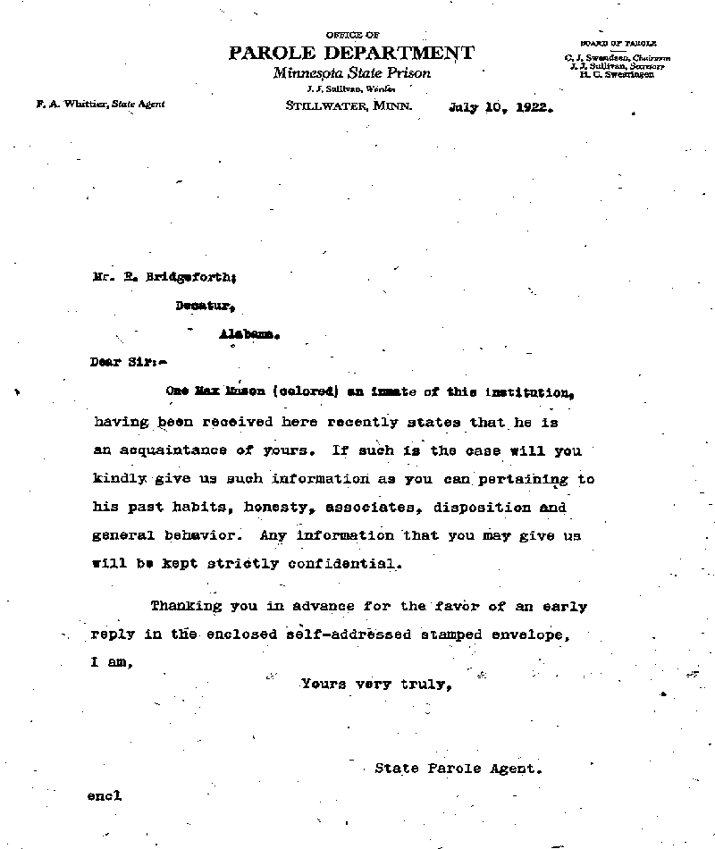 Max Mason. Case No. 6785. Letter from Frank A. Whittier to R. Bridgeforth, July 10, 1922.