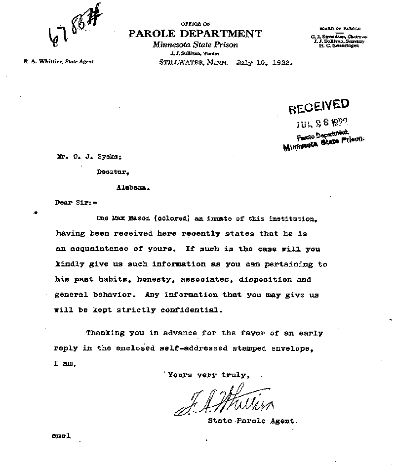 Max Mason. Case No. 6785. Letter from Frank A. Whittier to O. J. Sycks, July 10, 1922.