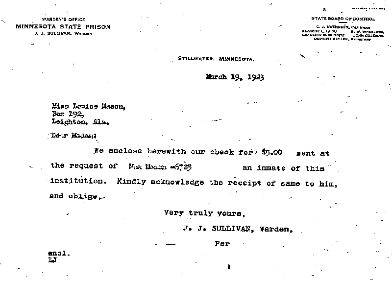 Max Mason. Case No. 6785. Letter from J. J. Sullivan to Louise Mason, March 19, 1923.