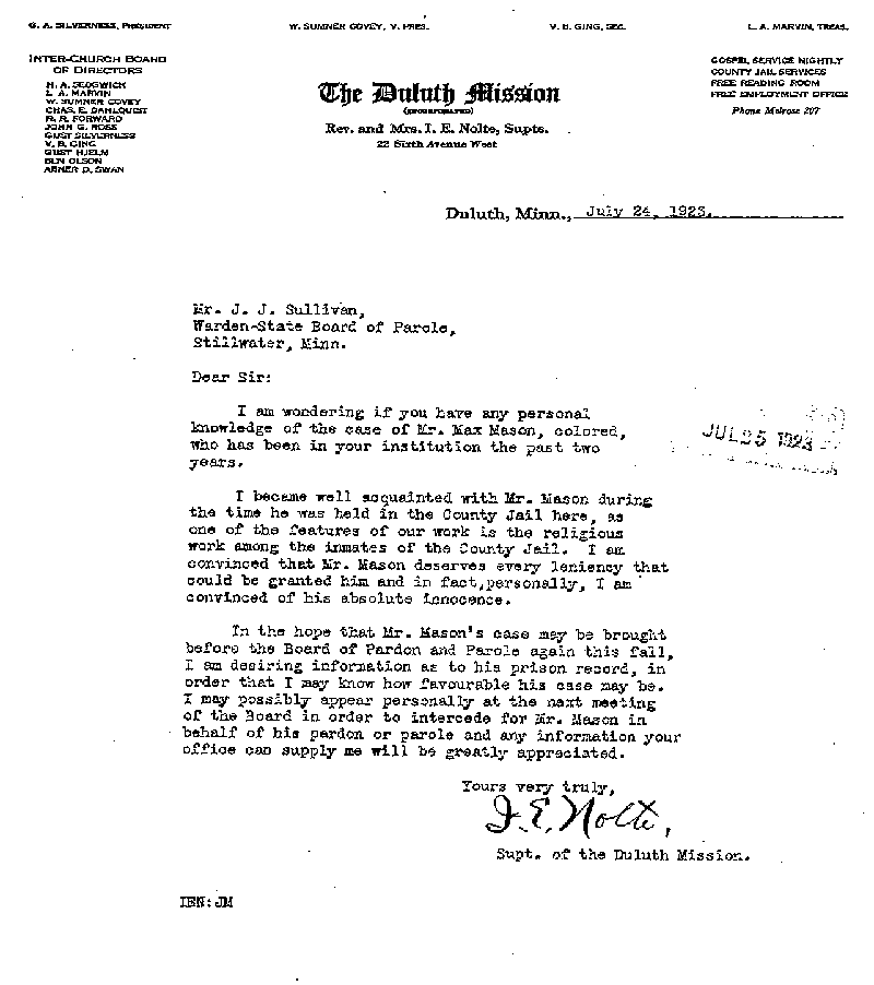Max Mason. Case No. 6785. Letter from I. E. Nolte to J. J. Sullivan, July 24, 1923.