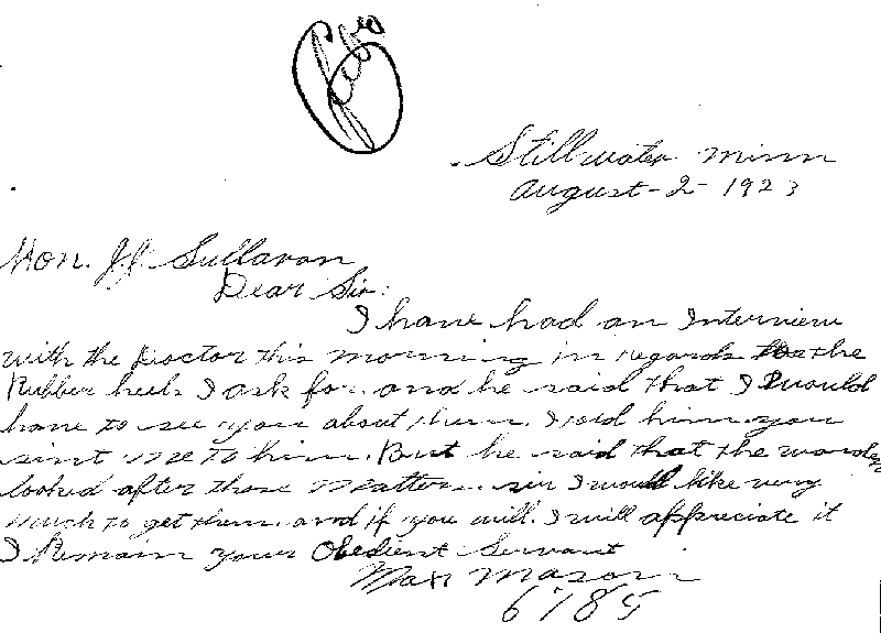 Max Mason. Case No. 6785. Letter from Max Mason to J. J. Sullivan, August 2, 1923.