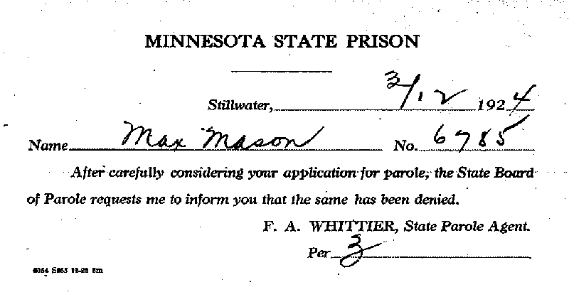 Max Mason. Case No. 6785. Parole Notice, March 12, 1924.