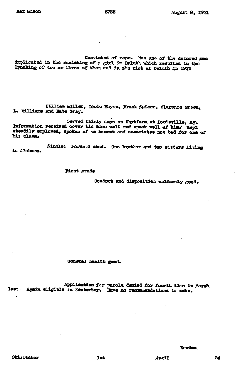 Max Mason. Case No. 6785. Warden's Summary, April 1, 1924.