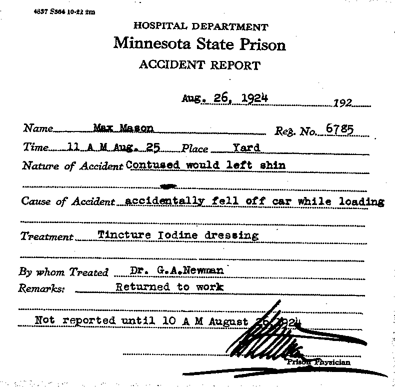 Max Mason. Case No. 6785. Accident Report, August 26, 1924.