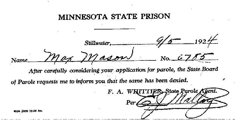 Max Mason. Case No. 6785. Parole Notice, September 5, 1924.