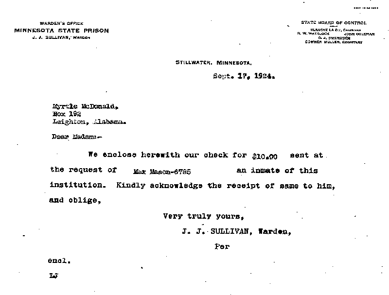 Max Mason. Case No. 6785. Letter from J. J. Sullivan to Myrtle J. McDonald, September 17, 1924.
