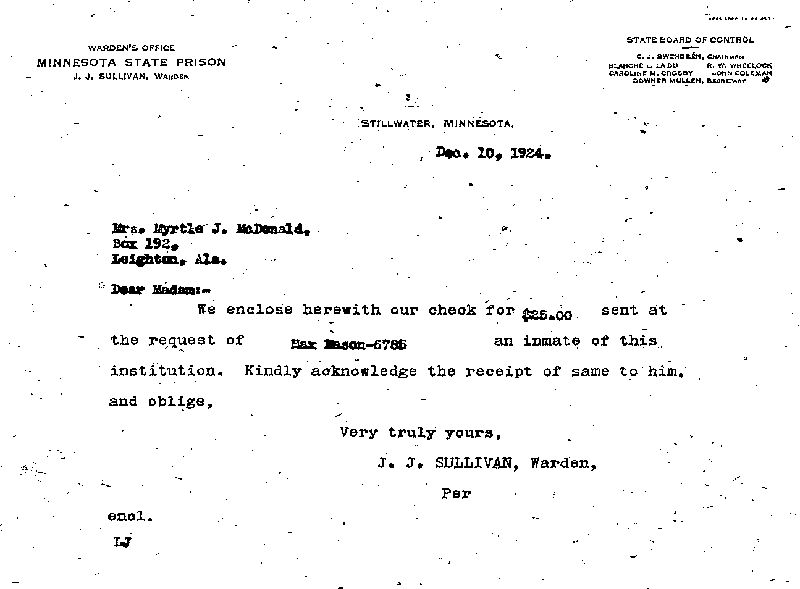 Max Mason. Case No. 6785. Letter from J. J. Sullivan to Myrtle J. McDonald, December 10, 1924.