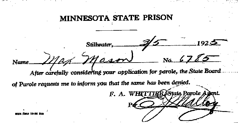 Max Mason. Case No. 6785. Parole Notice, March 5, 1925