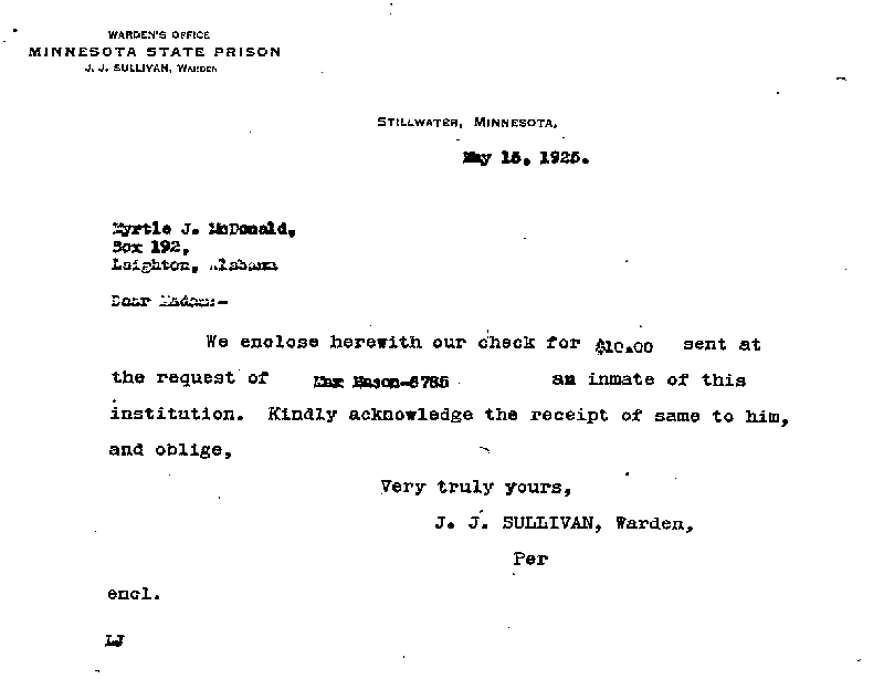 Max Mason. Case No. 6785. Letter from J. J. Sullivan to Myrtle J. McDonald, May 15, 1925.