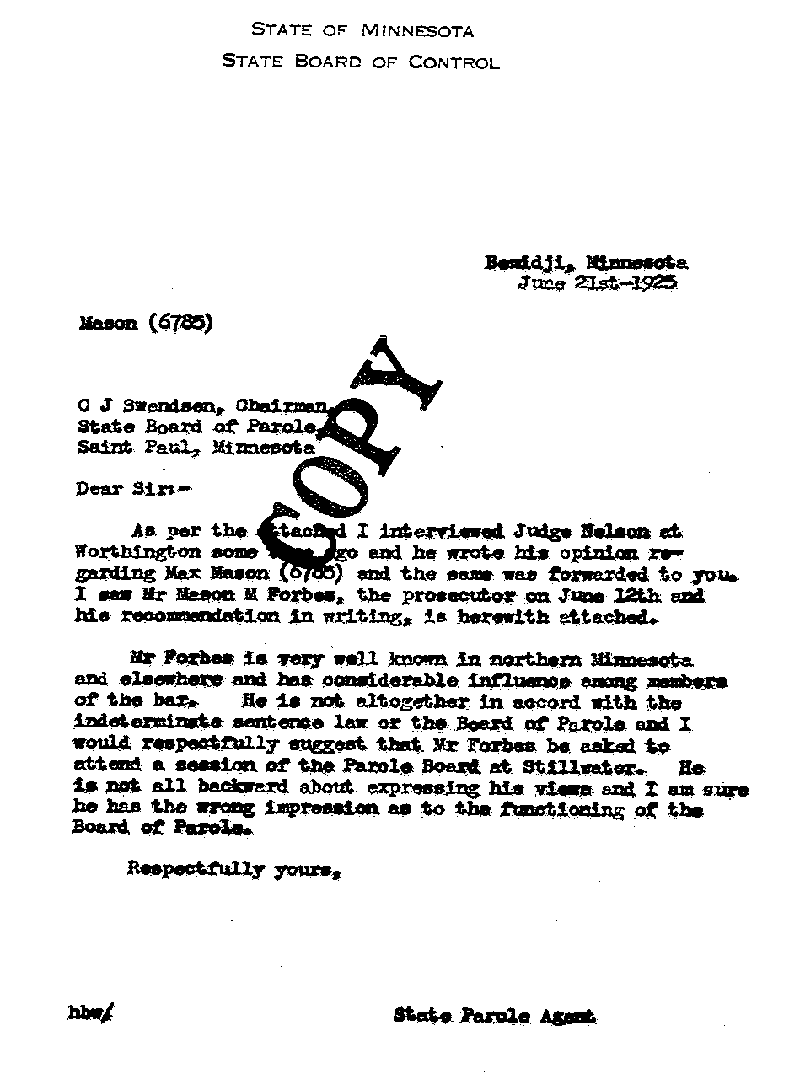 Max Mason. Case No. 6785. Letter from H. B. Whittier to C. J. Swendsen, June 21, 1925.