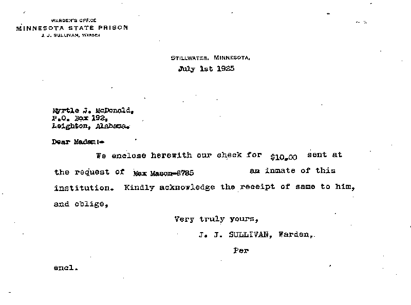 Max Mason. Case No. 6785. Letter from J. J. Sullivan to Myrtle J. McDonald, July 1, 1925.
