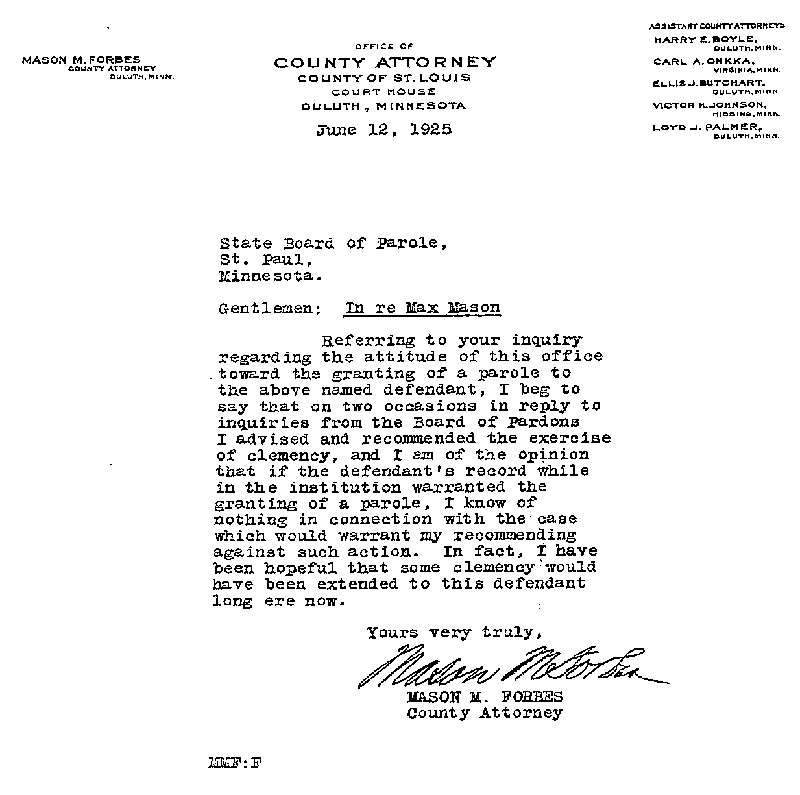  Max Mason. Case No. 6785. Letter from Mason M. Forbes to State Board of Parole, July 21, 1925.--Correspondence (gif)